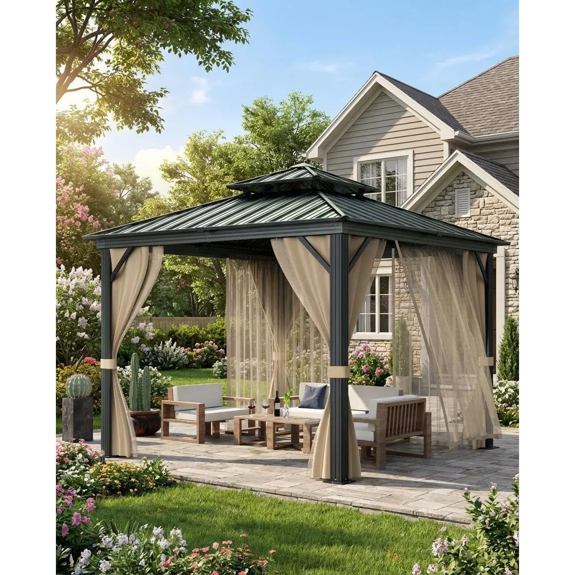 YJ-Garvee 12x12Ft Hardtop Gazebo, Double Metal Roof, Heavy Duty Gazebo Canopy for All Weather, with Nettings & Curtains, Aluminum Alloy Frame, Outdoor Gazebos for Patio, Backyard, Deck, Lawn, and Garden，Khaki