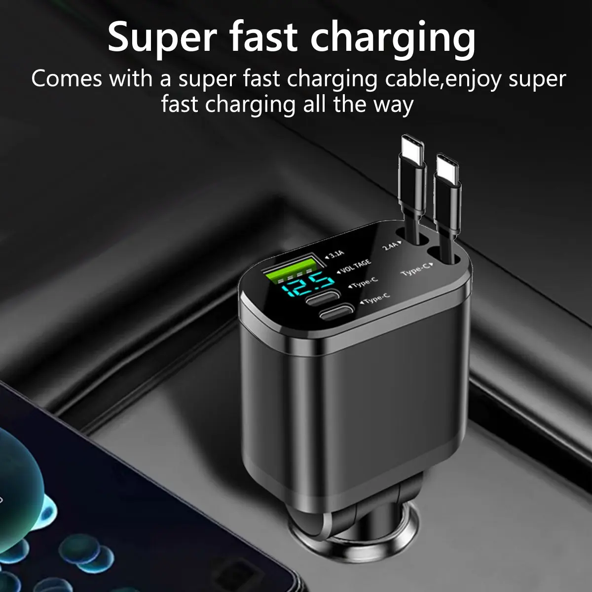 5 in 1 Retractable USB C Super Fast Car Charger High Speed Charger Support Voltage Detection Display Type C Cell Phone Charger For IPhone Huawei Samsung