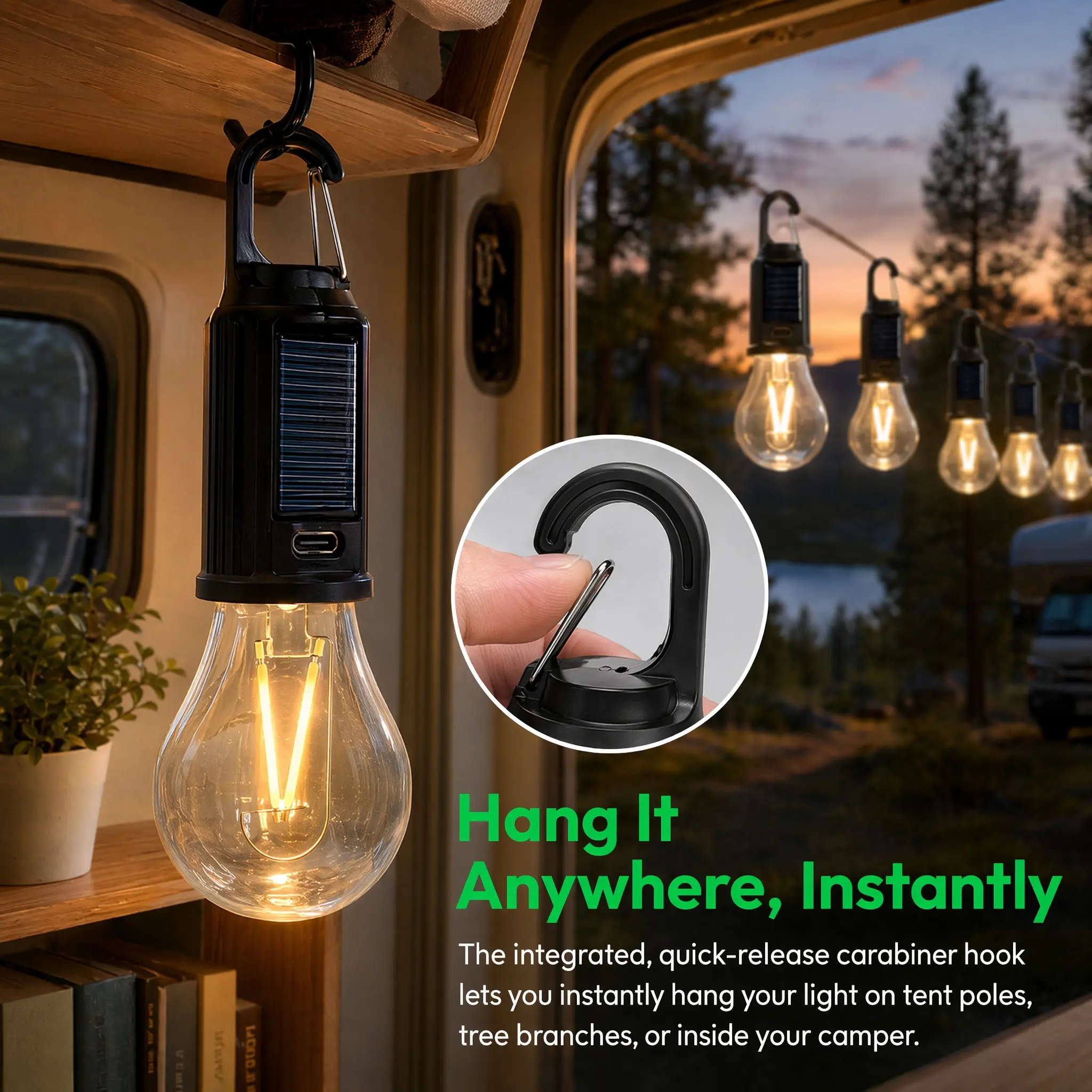 2-Pack Portable Solar Camping Lights, Rechargeable Waterproof LED Lanterns with USB-C & Built-in Batteries, 3 Modes with Hook for Emergencies & Hiking, Solar Powered, Usb-C Charge, Outdoor Lighting Solutions, Portable Rechargeable Led Light Lanterns, Rech
