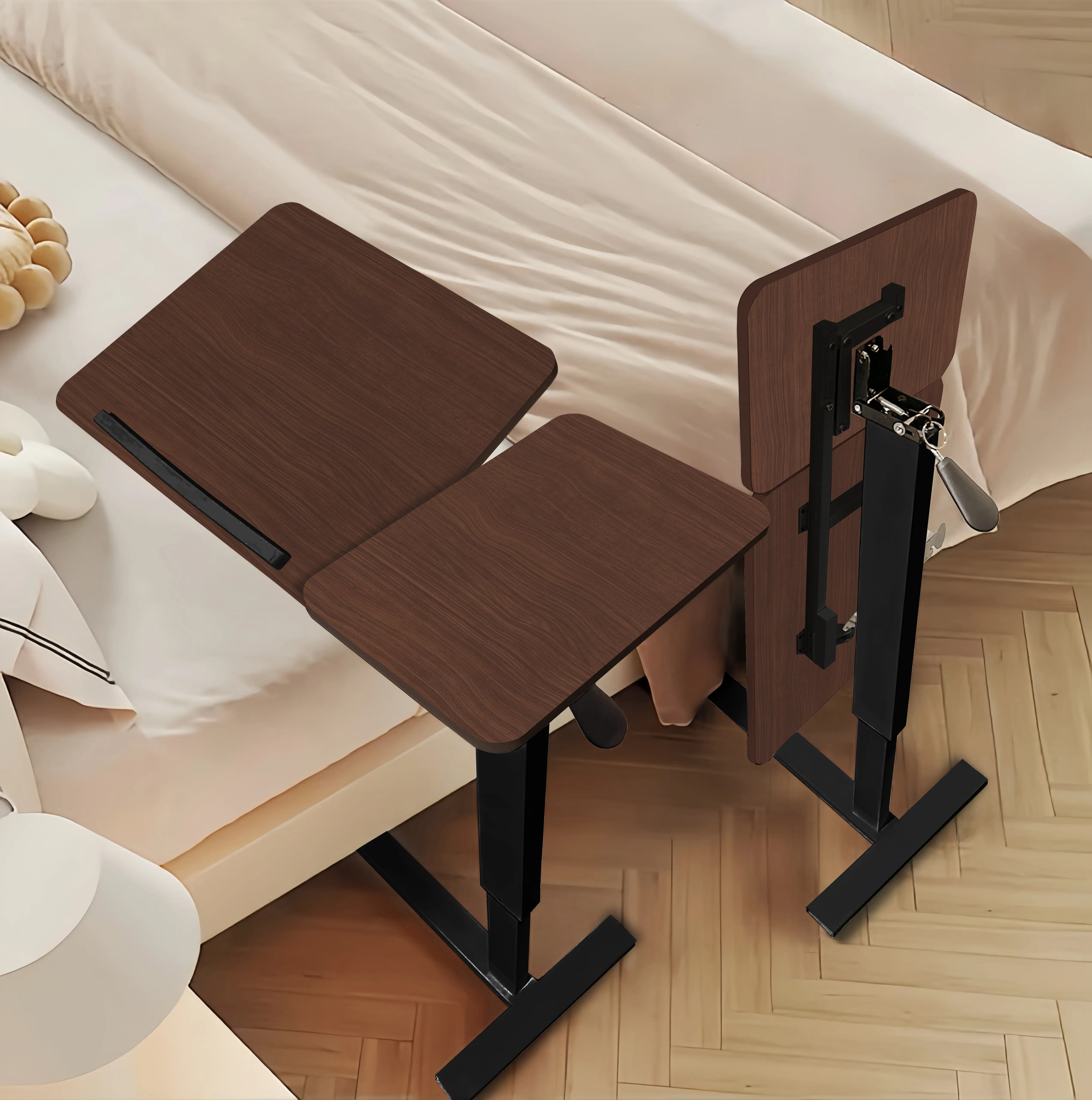 Folding Overbed Bedside Table with Wheels, Mobile Rolling Laptop Stand Tilting Tray Table Height Adjustable for Bed Sofa Side Table, Walnut Finish, Portable Desk for Laptop Work Reading Eating in Bedroom Living Room, Bedroom Bedside Table