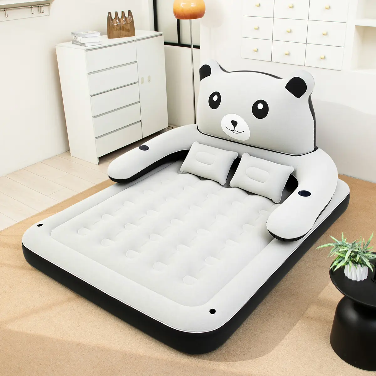 Inflatable Air Mattress with Cute Bear-Shaped Backrest, 18" Velvet Top Portable Bed - Stretch, Lumbar Support, Puncture-Resistant, Wear-Resistant, Dual-Layer Pockets, Body Contour Fit, Indoor-Outdoor Camping Hiking Supplies