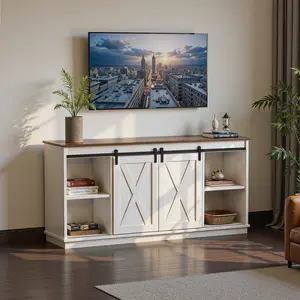 Entertainment Center TV Stand with Sliding Barn Doors, Storage Cabinets and Adjustable Shelves for Living Room or Bedroom, Holds up to 65 Inch TV
