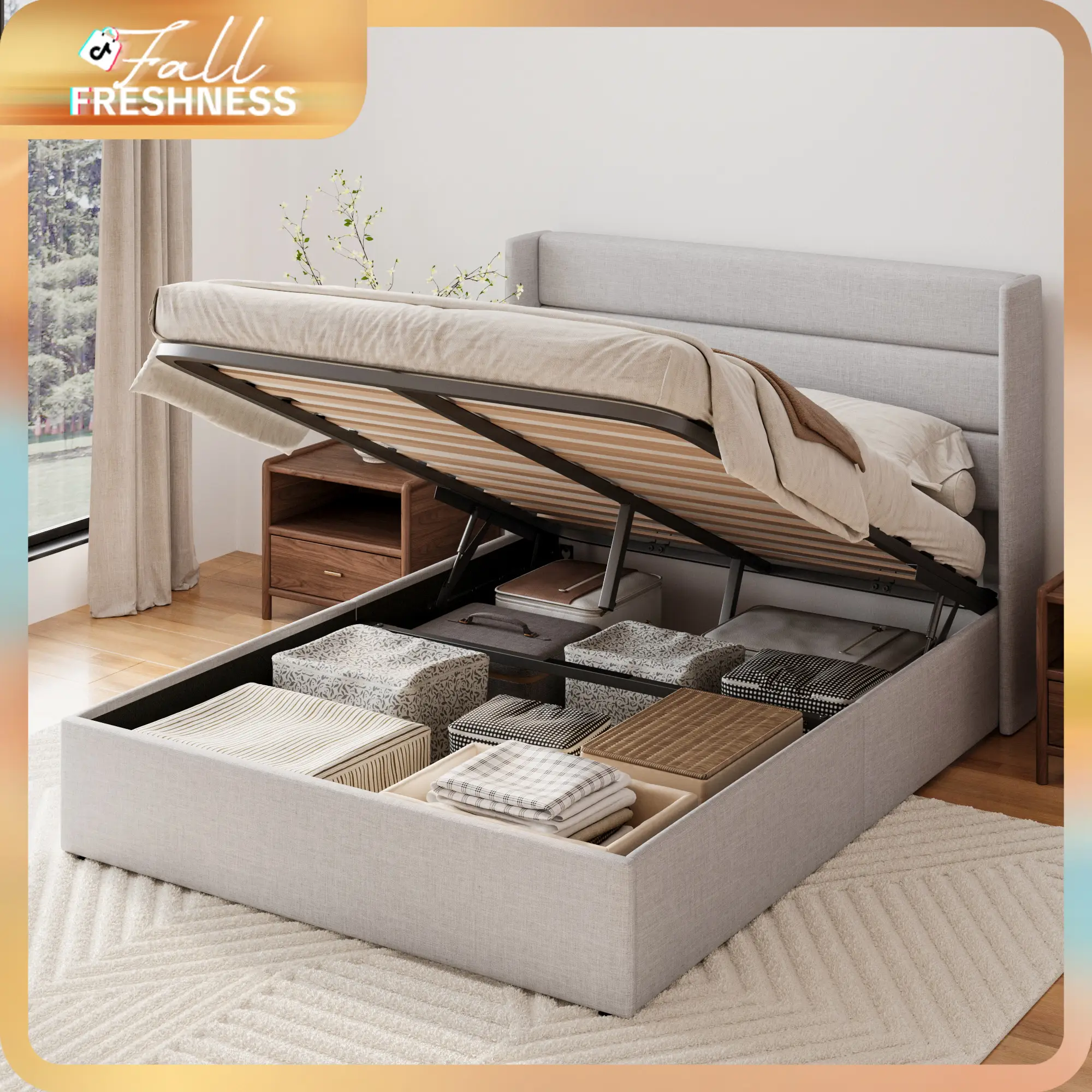 SHA CERLIN Lift Up Storage Bed【Frame Only No Mattress】Modern Wingback Headboard Upholstered Platform Bed Frame/Hydraulic Storage/No Box Spring Needed/