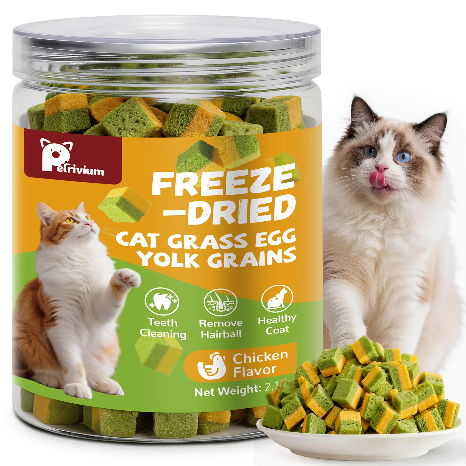Petrivium Freeze-Dried Cat Grass Snack, 60g Universal Chicken Flavor Treats with Egg Yolk Powder for Indoor Cats of All Ages, Hairball Control & Healthy Coat (24 Months Shelf Life) sohochic