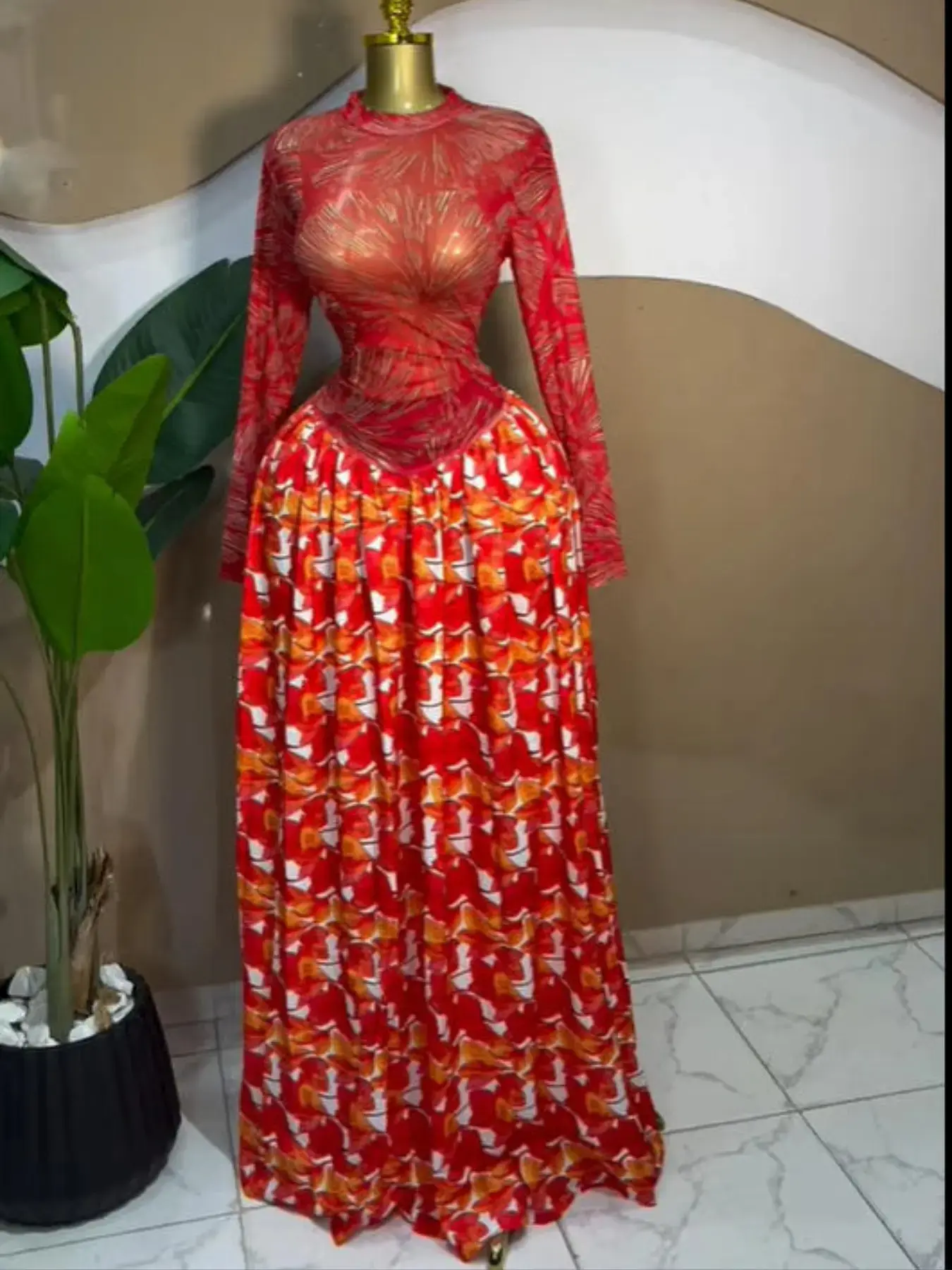 PULKRITU Women's Long Sleeve Tie Dye Print O-Neck A-Line Prom Dresses, Formal Wear, Elegant Chic Evening Party Outfit Gown, Perfect for Birthdays and Special Occasions,Lady Red Skirt,Engagement Dress