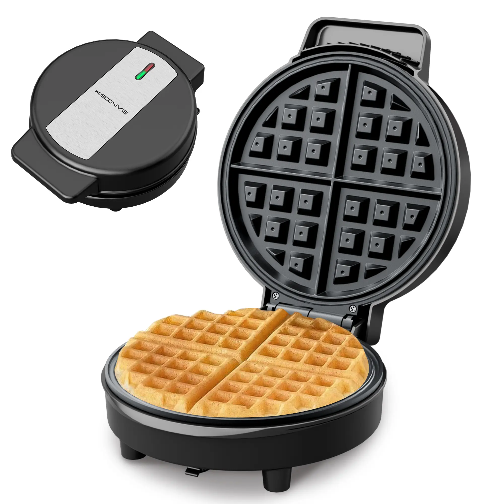 KEINVE Waffle Maker, 8'' Round Classic Waffle Maker Machine, 1000W, 2-Minute Preheating, Makes 1 Full or 4 Quarter Waffles, Non-Stick Waffle Irons, Easy to Clean, Perfect for Breakfast