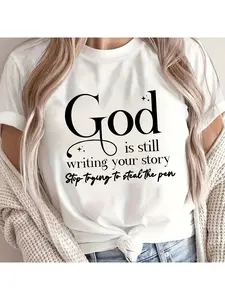 Plus Size Women's Pink Faith T Shirt with God Is Still Writing Your Story Verse (Psalm 231 Inspired) Soft Stretch Casual Round Neck Machine Washable Religious Apparel for Church Suitable for Spring Summer and Autumn Daily and Holiday Wear S-XXXL