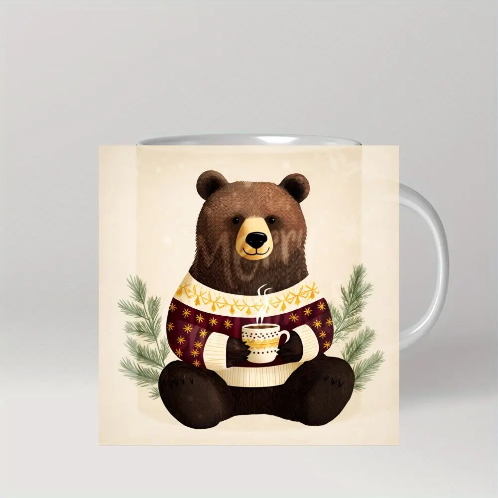 Bear In Sweater Holding Coffee Mug Winter Cozy Animal Design Ceramic Mug For Tea Or Coffee