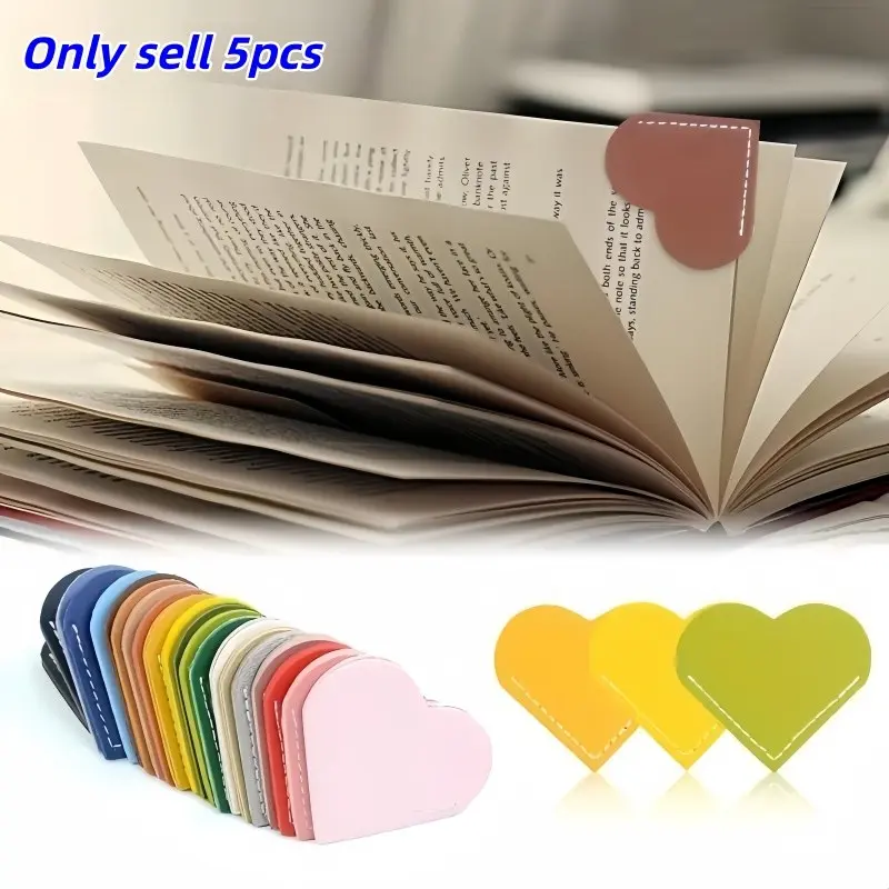 5 Piece Heart-Shaped Vintage Leather Bookmarks, PU Leather Love Bookmark, Portable Gift for Students, Mini Corner Page Marker, Back-To-School Gift, Book Page Markers