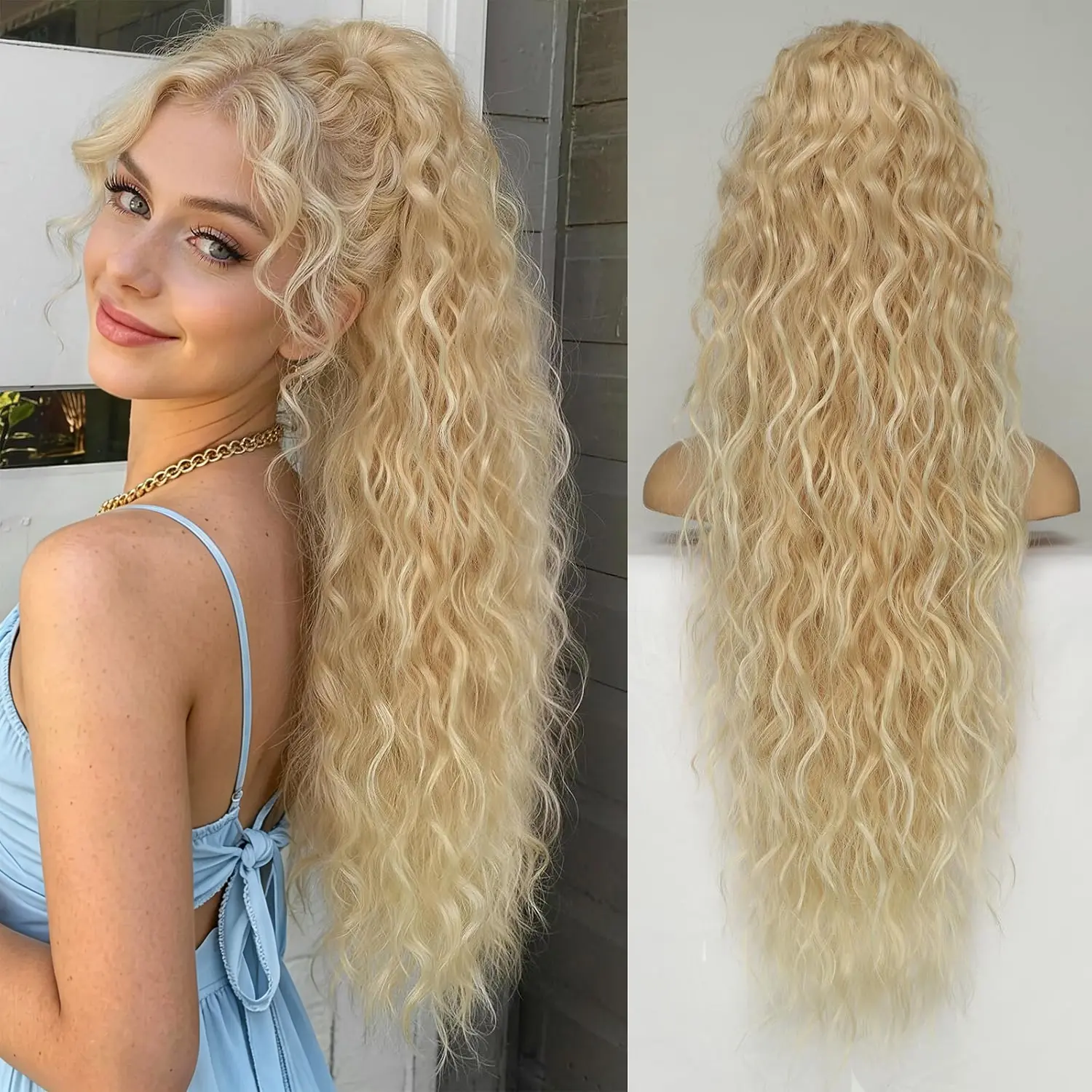 AILIKA 2-In-1 Claw Clip Ponytail Extension 30 Inch 180g Lightweight Synthetic Curly Wavy Fake Pony Tails Ombre Blonde Highlight Natural Looking Hairpieces for Women Daily Use Wedding Party