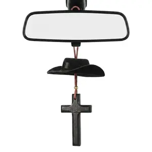 【Father's Day Gift】Joytutus Denim-Style Cowboy Hat Cross Rearview Mirror Hanger Ornament - Faith-Themed God Bless Gift for Believers, Car Trinkets, Auto Accessories, Car Interior Decoration