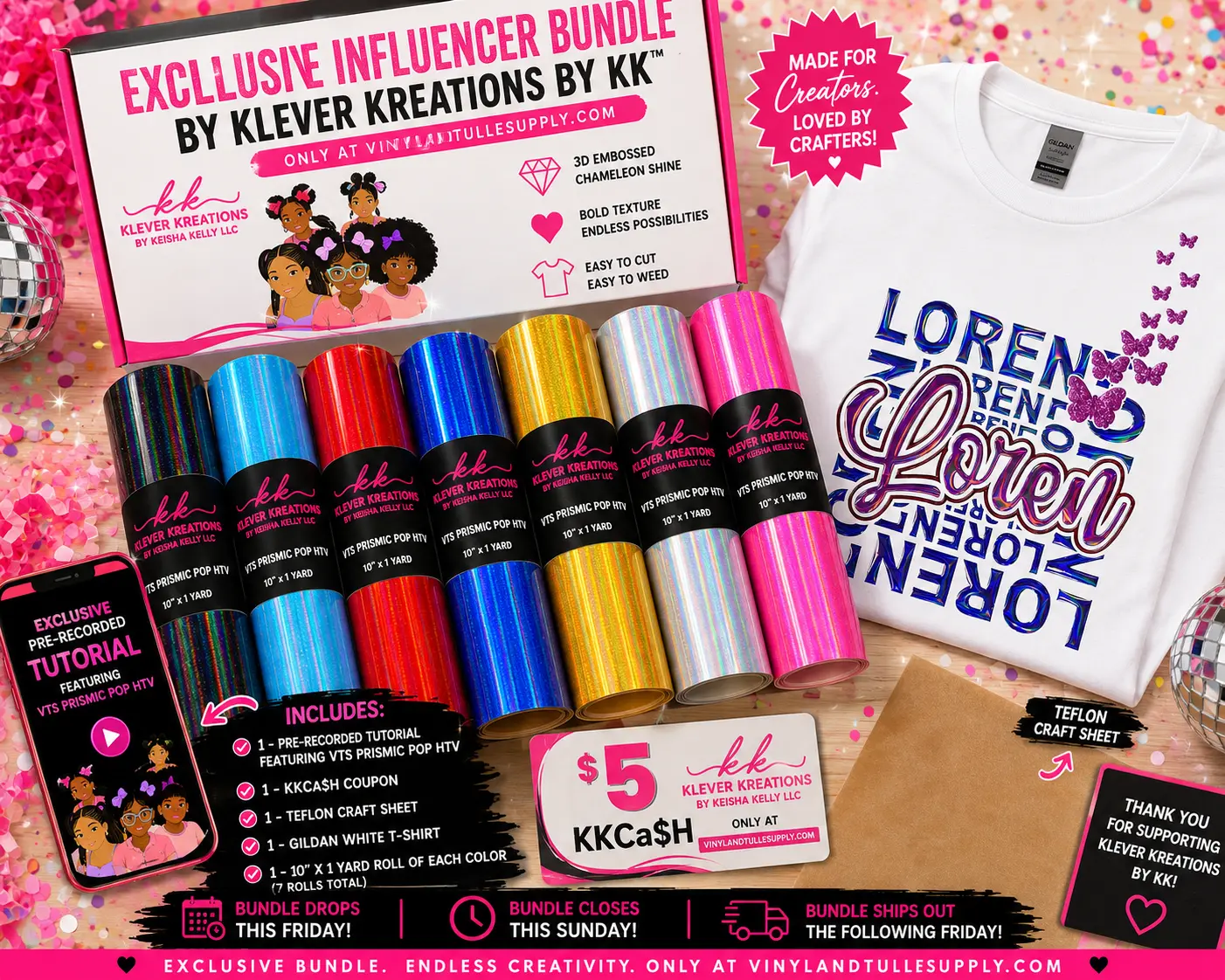 KleverKreationsbyKK x VTS Prismic Pop Exclusive Influencer MEGA Bundle - Heat Transfer Vinyl, HTV Vinyl Crafting Supplies for Toys & Hobbies Specialty DIY Projects