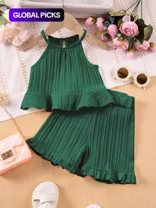 2pcs Girls Summer Set Sleeveless Casual Top Pure Color Shorts Comfortable Two-Piece Kids Clothing, Children