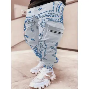 Men's Paisley Print Harem Cargo Pants - Loose Fit, Multi-Pocket Street Style, Random Zipper and Print Men's Jeans