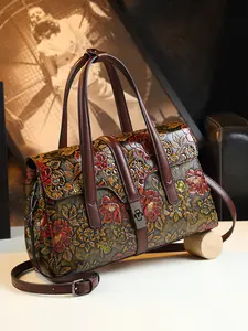 Floral Embossed Satchels Handbag, Floral Pattern Top Handle Tote Purses, Vintage Crossbody Bag for Women, Retro PU Shoulder Bag with Zipper Closure, Elegant And Stylish