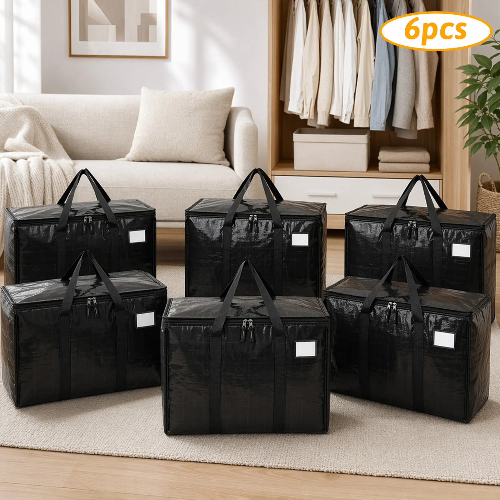 6 Pack-Extra Large Heavy Duty Moving Bags - Waterproof Storage Totes with Handles & Zippers, Foldable for College Dorm, Storage (Black)