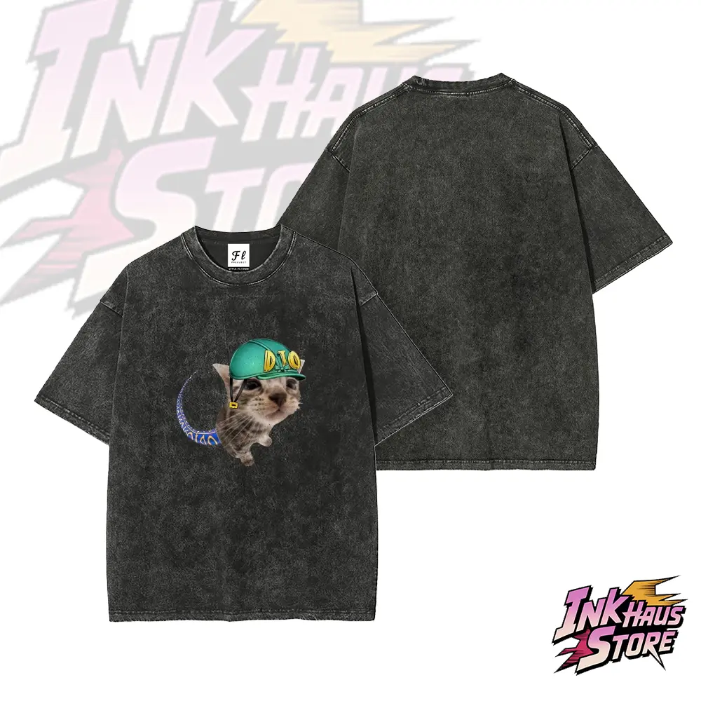 JoJo's Bizarre Adventure helmet features a cat pattern and the word "DIO" on it.--Short Sleeve Cotton Unisex Retro wash Tee