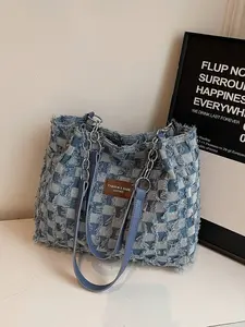 Women's Vintage Denim Checkerboard Tote Bag, Frayed Fringe Plaid Shoulder Bag with Leather & Metal Chain Strap, Large Capacity Casual Handbag for Work, School & Travel