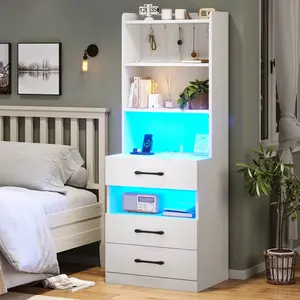 SIKAIC LED Tall Nightstand with Bookshelf Charging Station, Grey Modern Stylish Indoor Furniture, RGB Led Lights (29 Customizable Modes), Storage Drawers & Open Storage