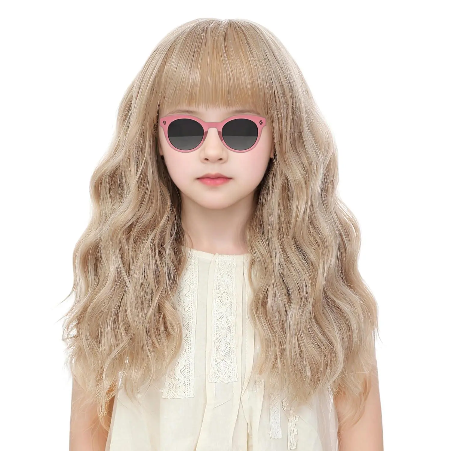 L-HDW006   Kids Flax Blonde Wig with Bangs 14 Inch Halloween Wigs for Kids Girls Wavy Hair Synthetic Wig with Upgraded Strands,Shoulder Length Wigs (14 Inch,Flax Blonde)