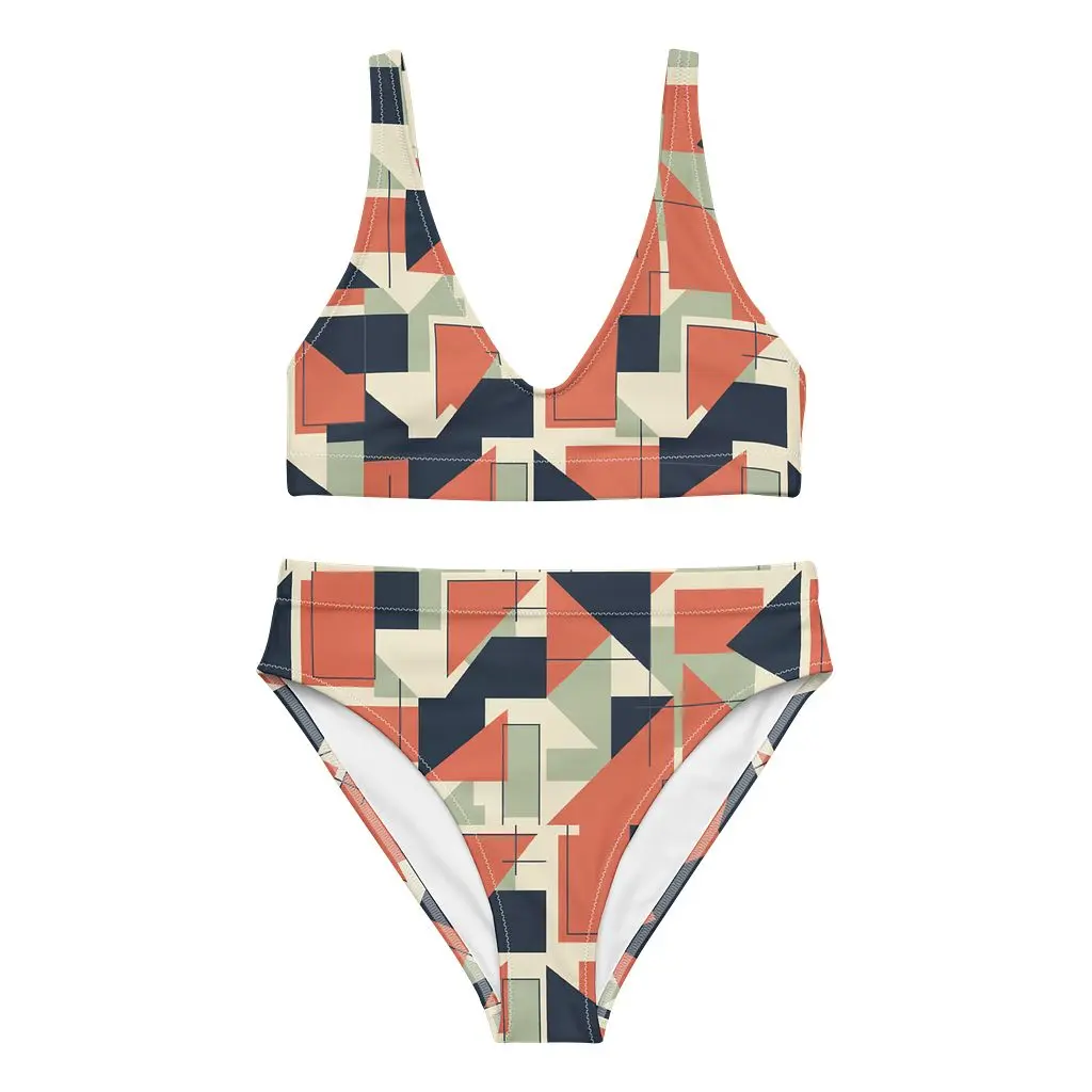 Geo Block High Waisted Bikini Set | Modest Two-Piece Swimsuit