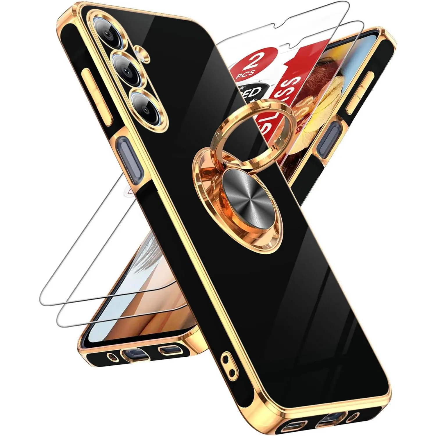 SQ-PCS044 Smartphone Shell for Galaxy A16-5G, Black with Plating Rose Gold Edge, 2-Pack Tempered Glass Screen Protector, 360° Rotatable Ring Holder Magnetic Kickstand for Samsung A16 5G Handheld Cellphone Devices, Casing