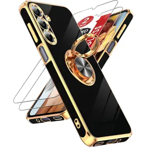 SQ-PCS044 for Galaxy A16-5G Phone Case: 2 Pack Tempered Glass Screen Protector and 360° Rotatable Ring Holder Magnetic Kickstand, Plating Rose Gold Edge para Samsung A 16 5G, Black