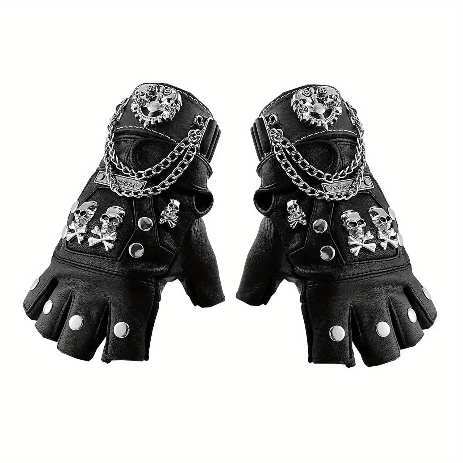 Skull Punk Rock Biker Black Real Leather Half Finger Gloves with Bracelet For Men Women
