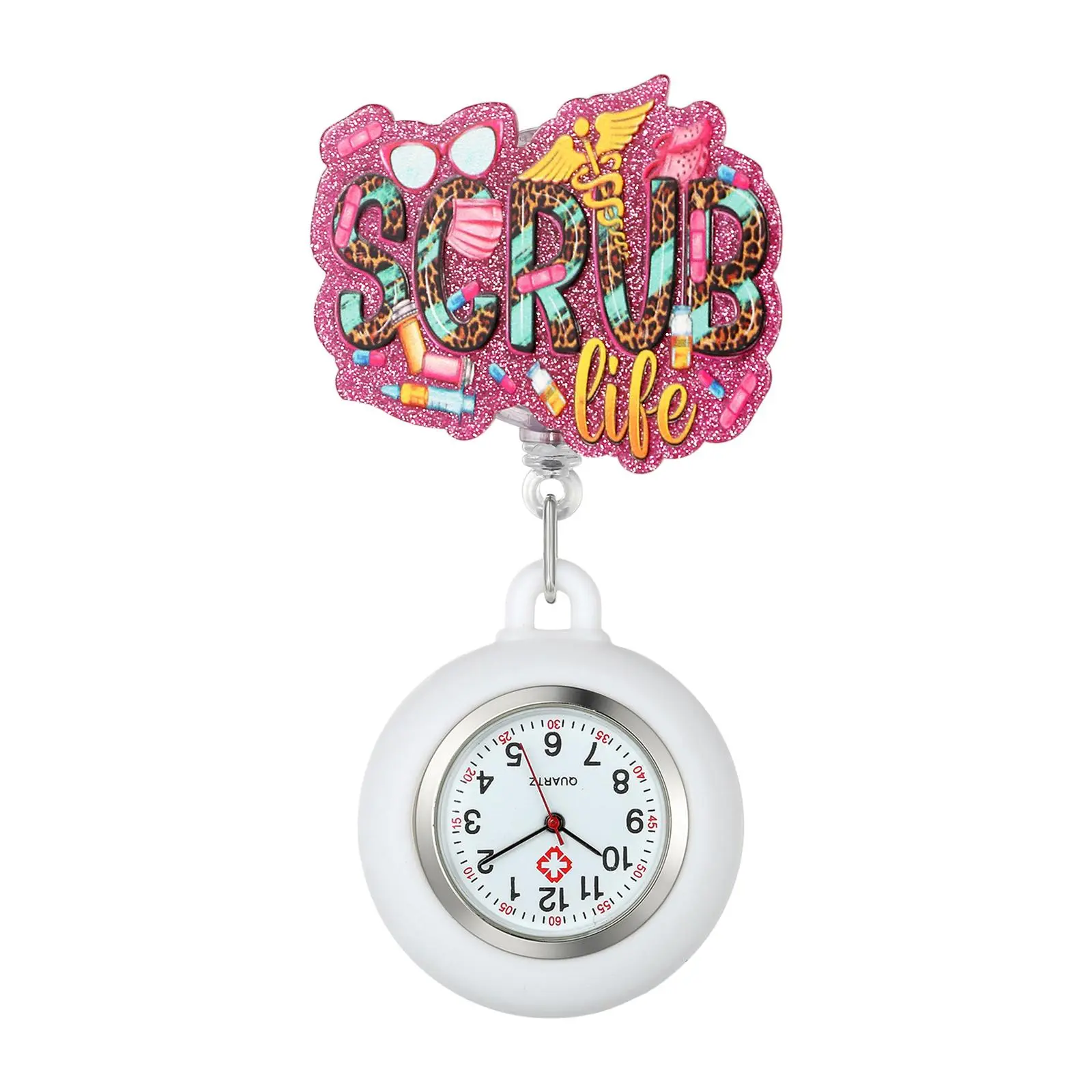 OIDEA Women's Retractable Nurse Fob Watch - 1.61 in Round Face Compact Quartz Watch, Shock-Proof Silicone Cover, Elastic Cord, Medical Charm for Healthcare Workers (Nurses Week Gift), Retractable Badge Reel, Reliable