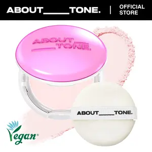 Glow Powder Pact 0.28oz - Shining Tone-Up Pressed Powder Compact with Mirror and Puff Natural Peach Pearl Shimmery Blur Finish Face Makeup Setting Finishing Transparent Sebum Control Vegan