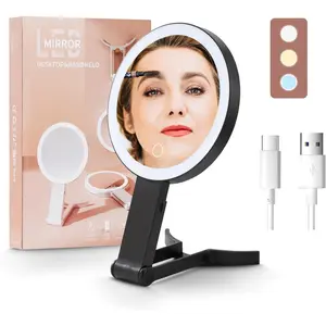 1x 10x Magnifying Makeup Mirror with Light,-Sided Magnifying Travel Makeup Mirror in One Desktop with 3-Color Light LED