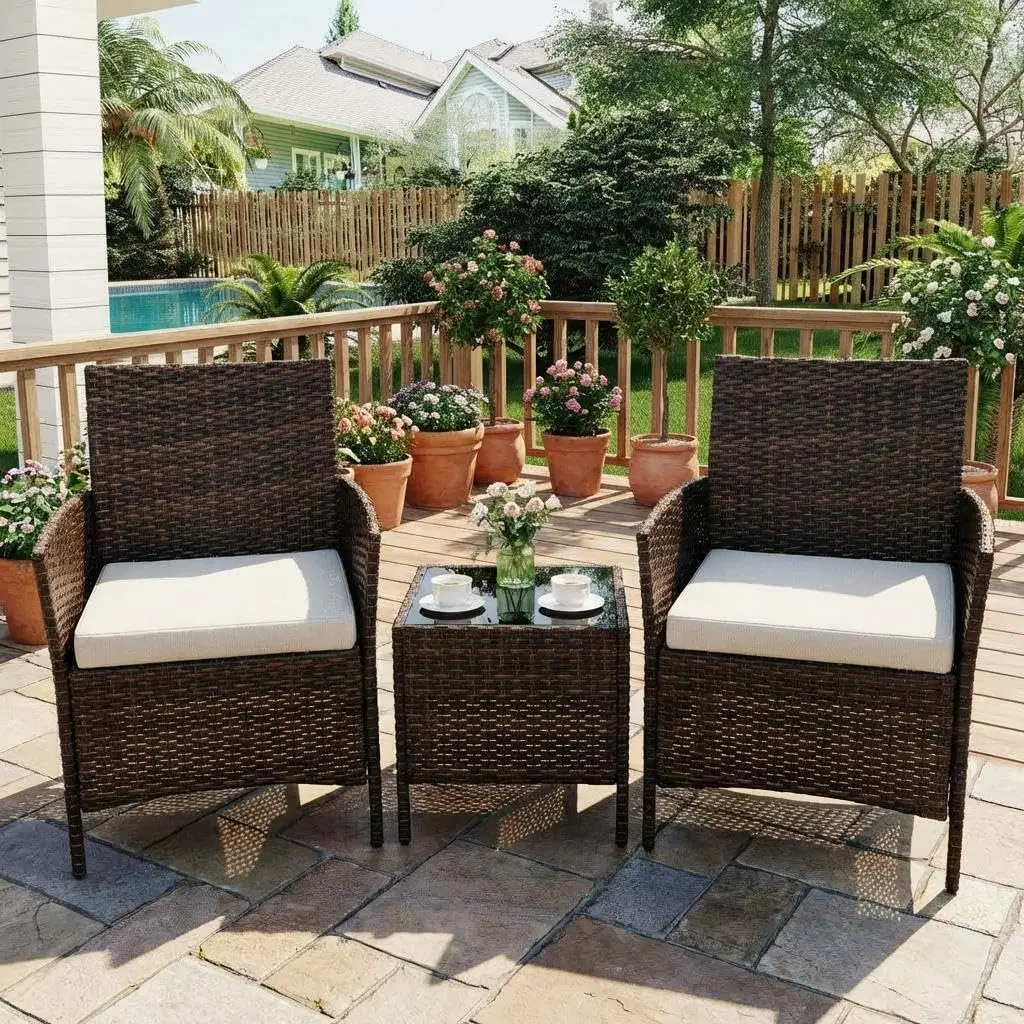 Garvee 3-Piece Modern Patio Set - Outdoor Dining Set with Cushions, Tempered Glass Table, Brown & Beige or Brown & Blue Rattan Wicker, Ideal for Backyard Oasis, Porch, Balcony, Outdoor Dining Sets