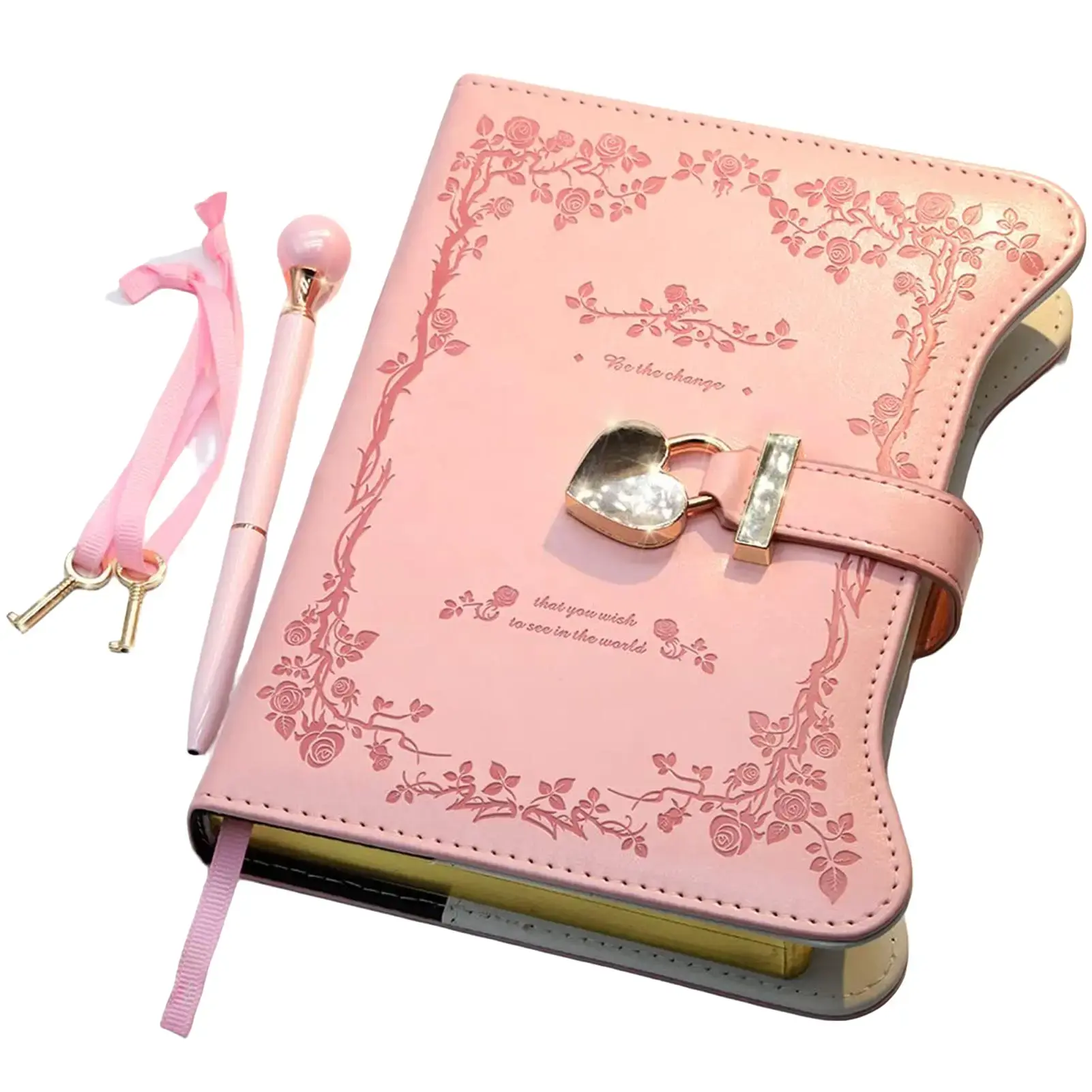 Diary with Lock and Keys for Girls Gift Ideas, 360 Gold Edged Pages Journal for Women, B6 Refillable Notebook for Writing with Pen and Bookmark (Garden Pink)