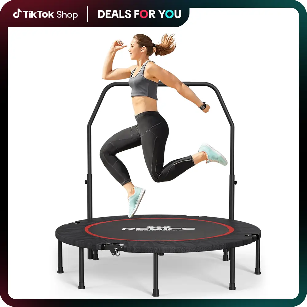 48-Inch Stainless Steel Exercise Trampoline, Home Workout Equipment with 5-Level Adjustable Handle, Oxford Safety Pad, Waterproof Mat, 440 Lbs Capacity for Trampoline Workout, Jump Training & Home Use