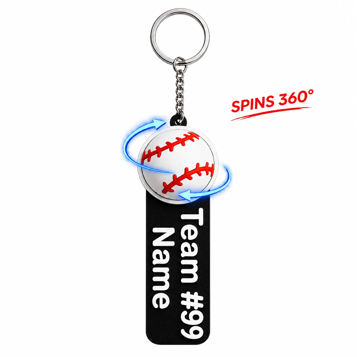 3D Printed Spinning Baseball Nameplate Keychain - Personalized Custom Name Bag Tag, Rotates 360°, Approx. 105mm (4.1 in), for Coaches’ Sports Gear & Lunch Bags, Unisex