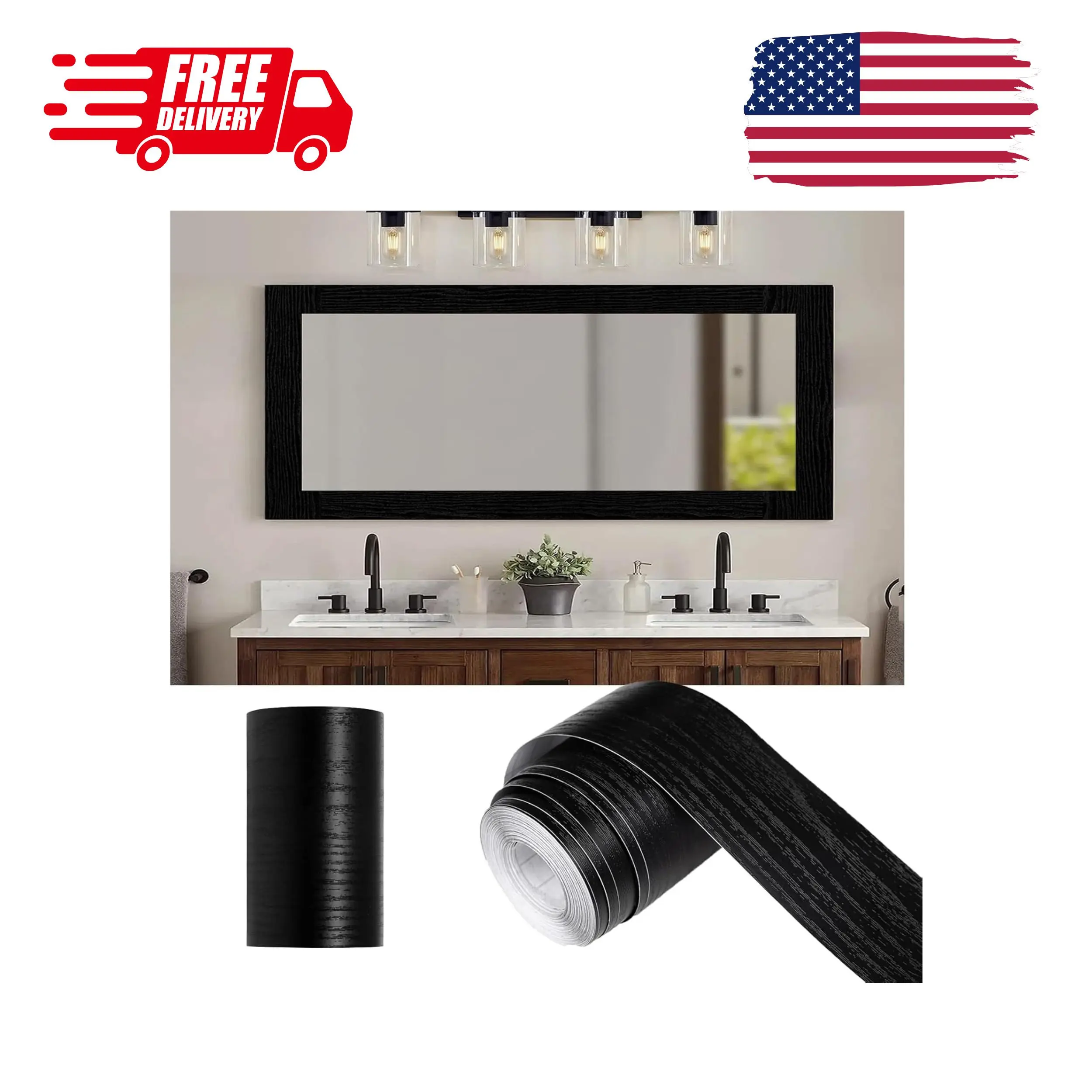 10M Black Wood Grain Mirror Frame Border Peel and Stick Wallpaper