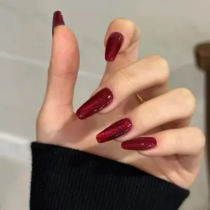Burgundy High-End Shimmer Cat Eye Long Press-On Nails, Minimalist Skin-Flattering Medium-Long Square & Coffin False Nails, Reusable Removable Nail Tips for Commute & Dates, Includes Jelly Glue & Nail File
