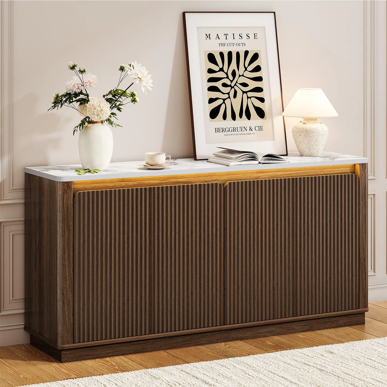 【SummerFinds】ONBRILL 61" Fluted Buffet Cabinet with Faux Marble Top and LED Light, Curved Sideboard Cabinet with Storage, Coffee Bar with 4 Doors and 2 Adjustable Shelves for Living Room, Kitchen, Entryway