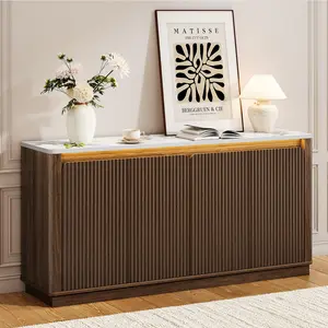 【LED Cabinet】ONBRILL 61" Fluted Buffet Cabinet with Faux Marble Top and LED Light, Curved Sideboard Cabinet with Storage, Coffee Bar with 4 Doors and 2 Adjustable Shelves for Living Room, Kitchen, Entryway