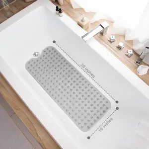 Rectangle Non-Slip Extra Long Bathtub Mat (39x16in) - Bathroom Mat with Suction Cups, Domed Design, Drain Holes, Machine Washable for Shower Tubs (Clear Grey)