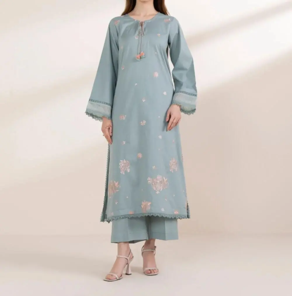 Women's A-Line Dobby Fabric Shirt - Dyed Sapphire Blue, Long Sleeves, Slit Neck, Full Length, Embroidered Sequined Front, Lace Accents, Lace-Touch Detail, Lightweight, Breathable, Feminine, Casual-Elegant, All-Season, Hand Wash Only