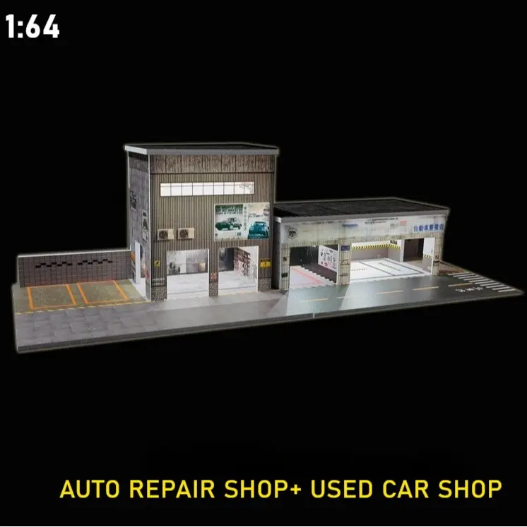 1/64 Scale Diorama Car Garage Model with LED Lighting - Micro-Scale Model Motor Vehicles Car Repair Workshop, Parking Lot Store Building Scene Display for Collection, Gift Toy