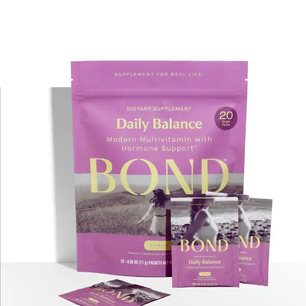 BOND Daily Balance - Drinkable Multivitamin Supplement for Hormone Health & Whole Body Wellness, - Dietary, Healthcare, 20 Single Packets, 15 Essential Vitamins and Nutrients, Magnesium, Inositol, Probiotics, Fiber, Omegas Edible Dietary Supplement Powder