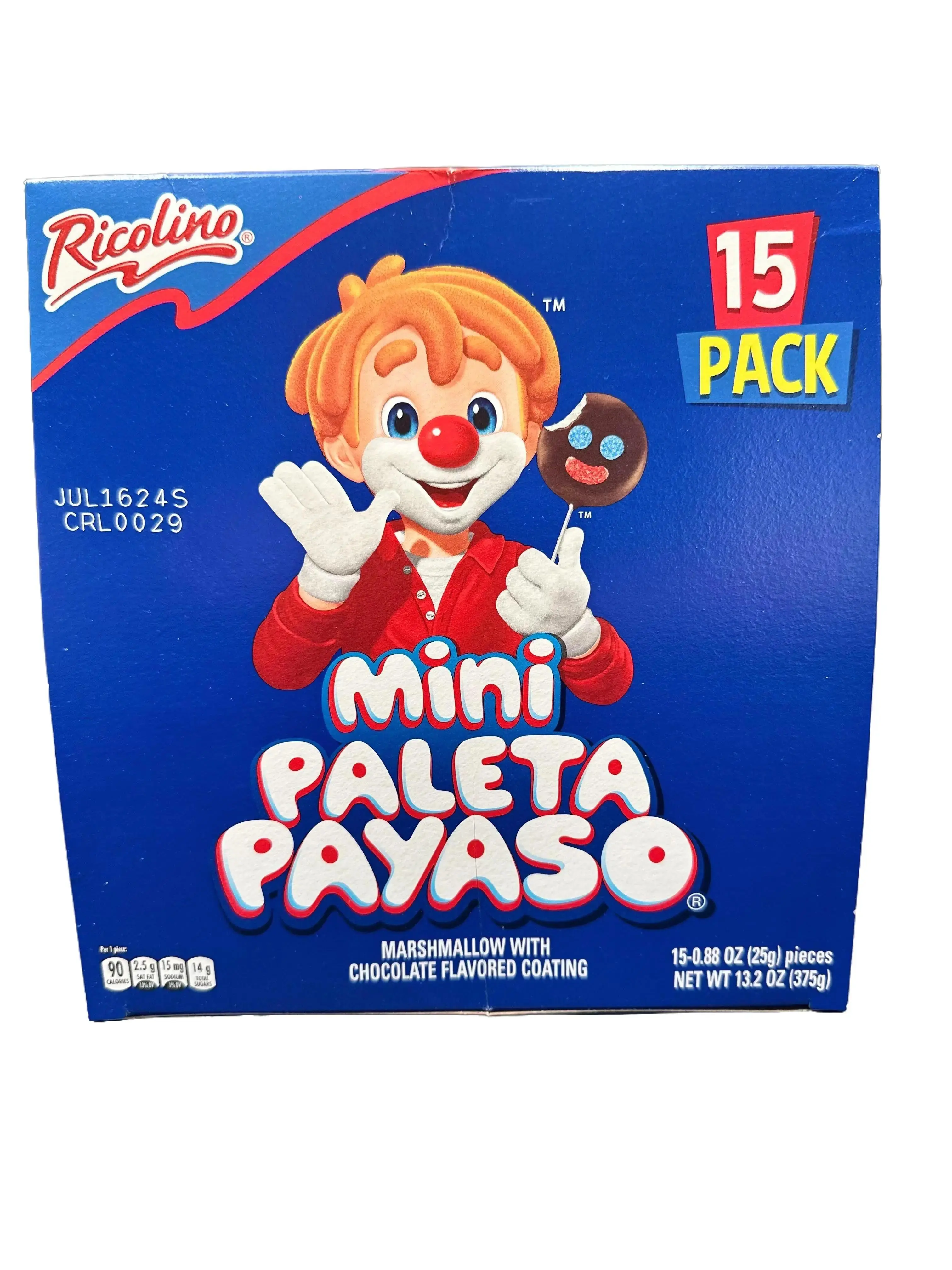 MINI PALETA PAYASO MARSHMALLOW Snack WITH CHOCOLATE FLAVORED COATING 15 PACK IN BOX