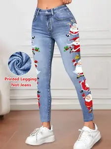 Women's Imitation Denim Skinny Pants, Denim Print Design, Stylish Comfortable Fit for Everyday Wear Womenswear