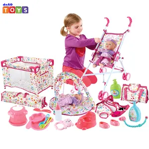 deAO Doll Stroller Nursery Role Play Set with a Variety of Feeding Toy and Play Mat Travel Cot Carrier Stroller and Travel Bag