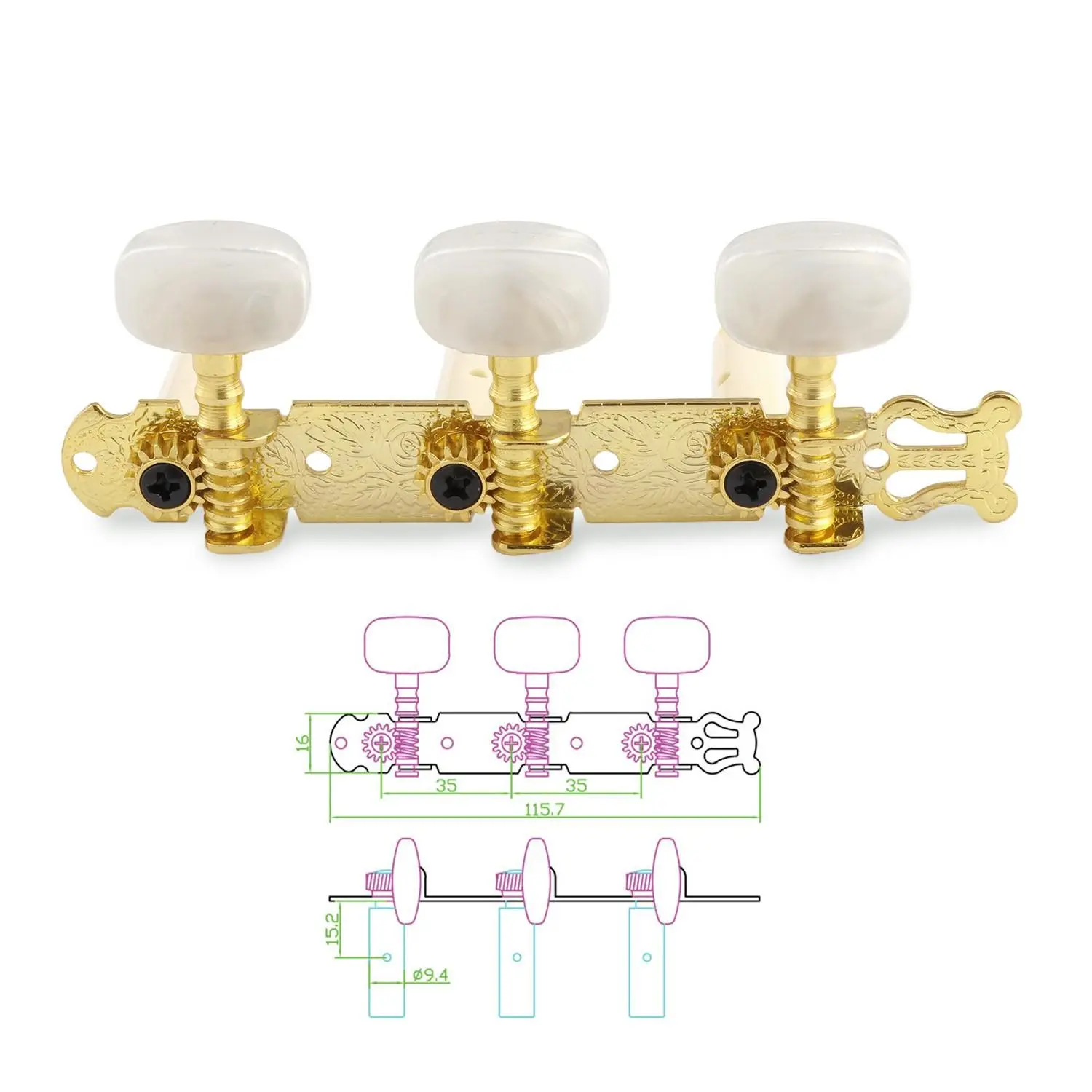 OLETONE Classical Guitar String Tuning Pegs - 3L3R Machine Heads, Gold Finish, Heavy-Duty Gears, Metal Components, Guitar Tuner, Tuner For Guitar