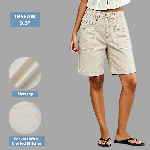 Flamingals Solid Patch Pocket Dual Button Roll Hem High Rise Bermuda Shorts Womenswear Stretchy 9.3" Inseam Summer