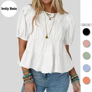 Imily Bela Womens Puff Sleeve Peplum Babydoll Tops Summer Smoked Pleated Cotton T-Shirts Casual Loose Fit Flowy Blouse