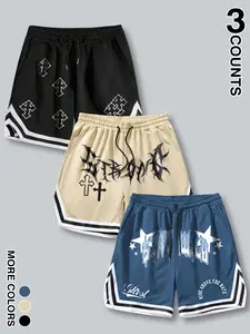 Men's Streetwear Graphic Basketball Shorts, 3-Pack Cross & Star Print, Oversized Loose Fit, Drawstring Waist, Striped Trim, Summer Wear